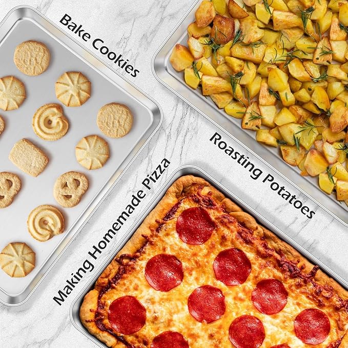 Leonyo 16x12IN Stainless Steel Baking Sheets Set, Stainless Steel Jelly Roll Pan Sheet Pan for Baking Cookie, Commercial Grade Metal Toaster Oven Tray for Oven, Dishwasher Safe