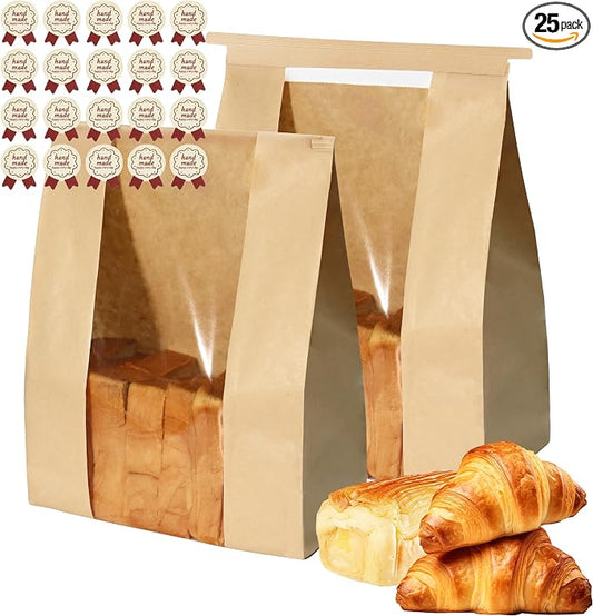 25PCS Sourdough Bread Bags for Homemade Bread Tin Tie Tab Lock Paper Large Bakery Bags with Window for Baked Food Packaging Storage Gift Giving Includes 25PCS Label Seal Stickers 13.7x8.3x3.5in