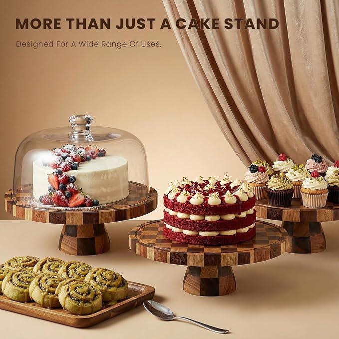 Metflavor Cake Stand with Dome Lid - 12in Wooden Cake Stand with Shatterproof Acrylic Dome, 2-in-1 Dessert Display & Charcuterie Board, Checkered Platter for Serving Cupcakes, Cheese and Fruits