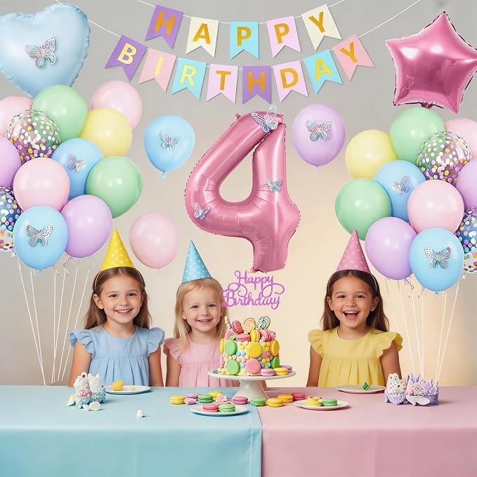 4th Pastel Birthday Party Decorations for Girls Number 4 Balloon Happy Birthday Banner Butterfly Stickers Star Heart Foil Balloons for 4 Year Old Easter Party Decor