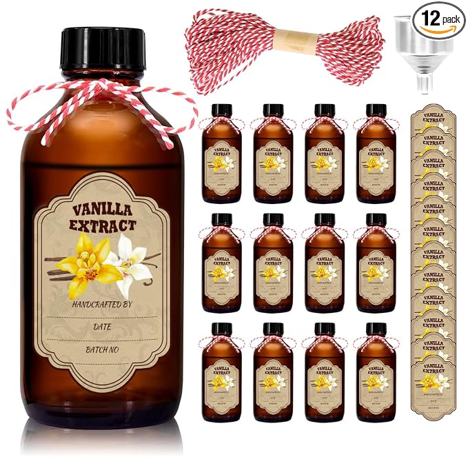 8 oz Amber Glass Boston Round Bottles, 12-Pack Empty Vanilla Extract Bottles with Caps for Gift Giving, Syrup, Sauce