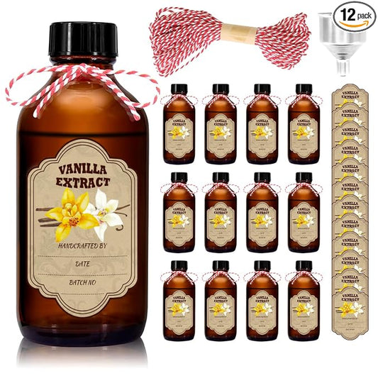 2 oz Amber Glass Boston Round Bottles, 12-Pack Empty Vanilla Extract Bottles with Caps for Gift Giving, Syrup, Sauce