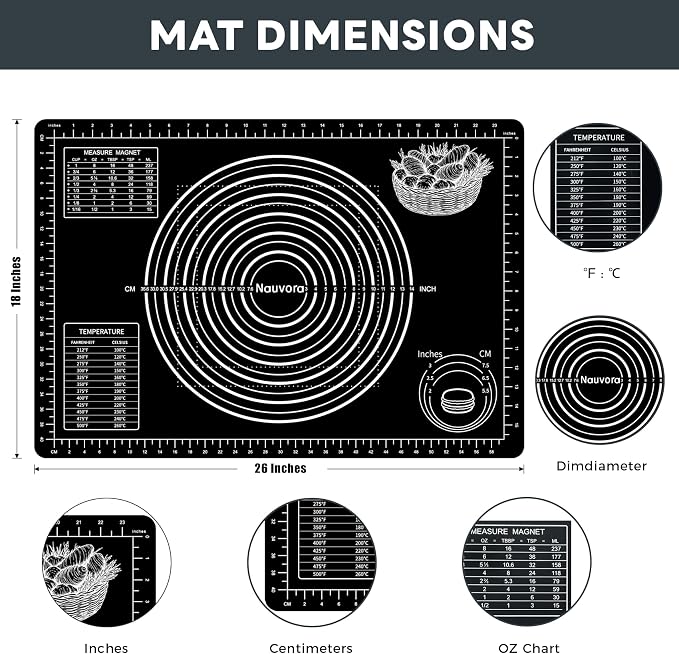 Extra Large Baking Mat - 26" Silicone Pastry Mat, Reusable Non-Stick Dough Mat with Measurement for Fondant, Rolling Dough, Pie Crust, Pizza and Cookies, Black