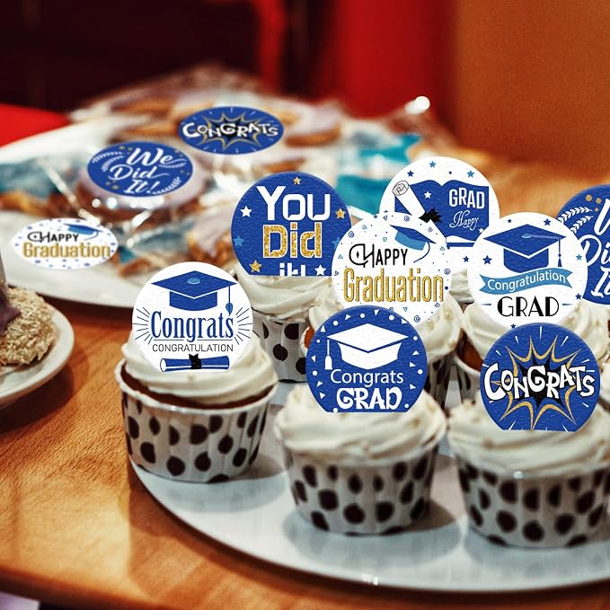 36PCS Edible Graduation Cap Cupcake Toppers Wafer Paper Grad Cap Diploma Cake Decorations Edible Grad Cap Cupcake Picks for 2026 Grad Theme Party Cake Decor Supplies (Blue)
