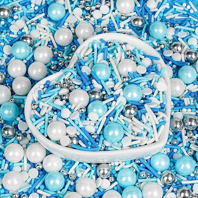Edible Blue Silver White Sprinkles,Winter Jimmies Pearls Mix,130g/4.58oz,Perfect for Cake Decorations,Cake and Cupcake Sprinkles with Assorted Shapes and Sizes for Parties Baking,Ice Cream,Cookies,Cupcake Topper,Baby Shower Party Decorating Supplies