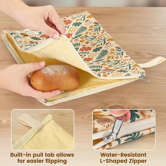 2 Packs Wide Zipper Access Beeswax Bread Bags for Homemade Bread,17"x12.6"Reusable Organic Beeswax Linen Cotton Sourdough Bag,Food Storage Bag,Freezer-Friendly with Water-Resistant Zip to Keep Fresh 1