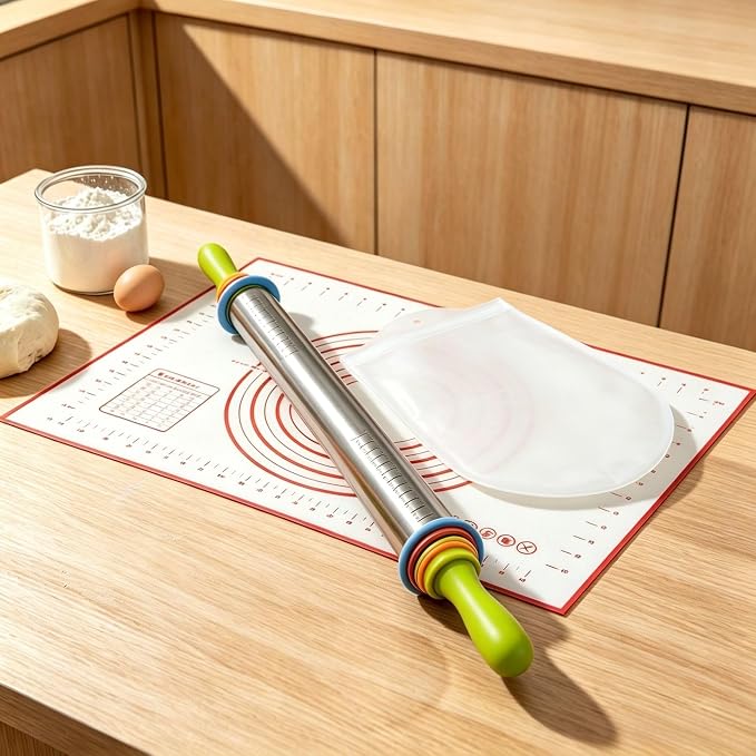 3-in-1 Adjustable Rolling Pin with Handle | 4 thickness rings (2-10mm) | Includes mat & kneading bag | Ergonomic 304 steel | Dishwasher safe | For pizza, pastry, cookies