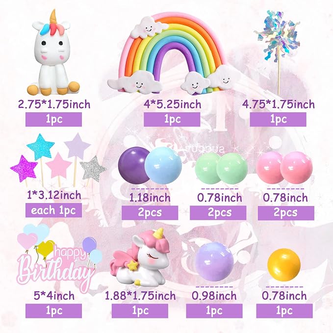 18 PCS Unicorn Cake Topper, Unicorn Rainbow Cake Decorations with Rainbow Stars Unicorn Foil Firework Balls Happy Birthday Cake Decorations (Style 1)