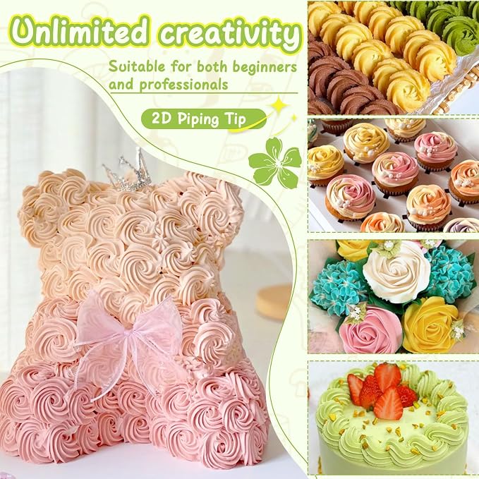 Hendiy 3pcs 2D Cake Piping Tips with 20 Piping Bags | Large Piping Nozzles, Cookie Icing, Cupcakes, Buttercream, DIY Art