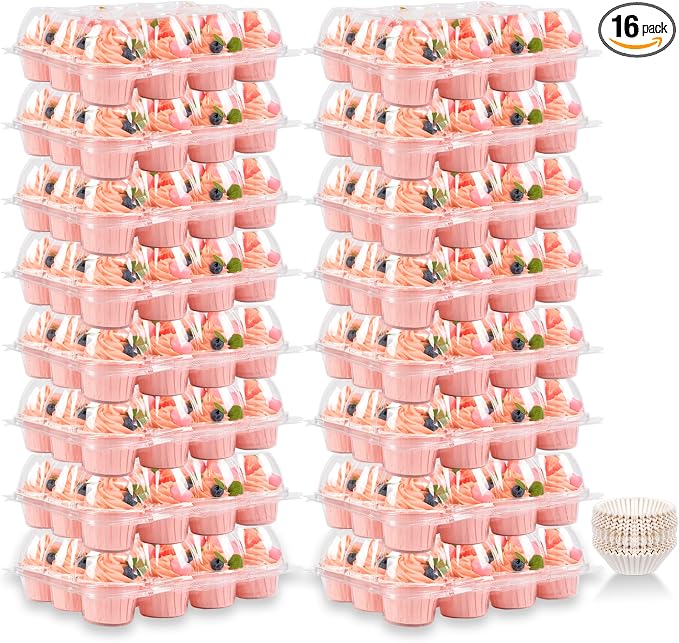 Cupcake Containers Holder - 12 Counts x 16 Sets Stackable Cupcake Boxes Carrier with 200 Pack Liners, Plastic Disposable Clear Cupcake Storage Tray with Detachable Dome Lid for Mini Individual Cake