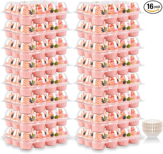 Cupcake Containers Holder - 12 Counts x 16 Sets Stackable Cupcake Boxes Carrier with 200 Pack Liners, Plastic Disposable Clear Cupcake Storage Tray with Detachable Dome Lid for Mini Individual Cake
