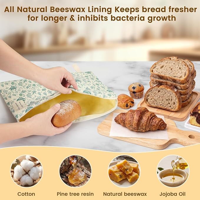 2 Packs Wide Zipper Access Beeswax Bread Bags for Homemade Bread,17"x12.6"Reusable Organic Beeswax Linen Cotton Sourdough Bag,Food Storage Bag,Freezer-Friendly with Water-Resistant Zip to Keep Fresh 2