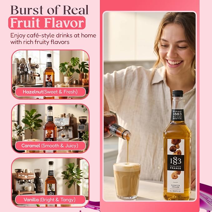 1883 Vanilla, Caramel, Roasted Hazelnut Syrups with Pumps (Coffeehouse Favorites) for Coffee & Drinks – 1 Liter Plastic Bottles (Pack of 3)