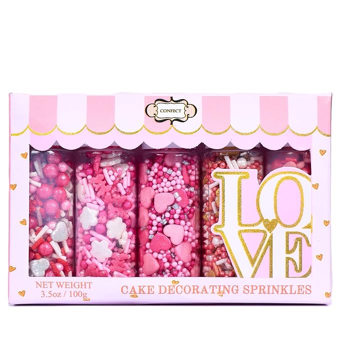 Pretty in Pink, Gold & White Pearl Sprinkles Mix – Edible Heart Sprinkles for Cakes, Cupcakes, Cookies – Spring, Birthday & Baking Decorations – Pack of 5 | Vegan, Gluten-Free, Nut-Free, Soy-Free, Dairy-Free, Palm Oil-Free- 5 Oz