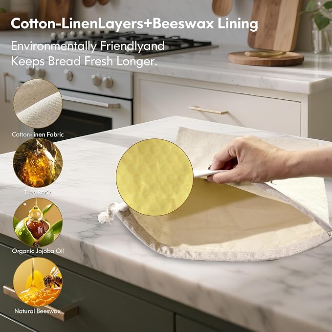 Reusable Bread Bags for Homemade Bread，Natural BeesWax & Linen Cotton，Large Capacity and Portable,Bread Keeper for Sourdough，Food/Bread Storage,with Free Baguette Bag