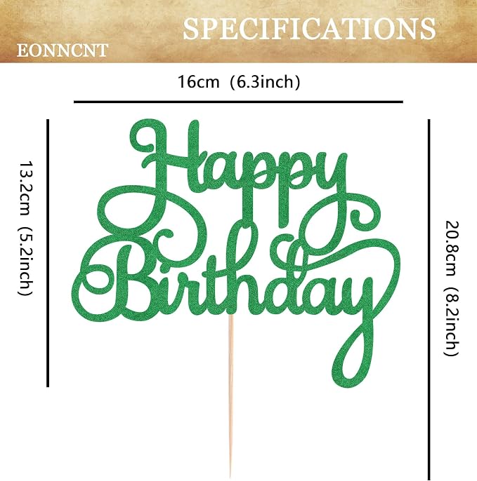 Happy Birthday Cake Topper - Green Glitter Birthday Party Cake Decoration Supplies, Photo Booth Props