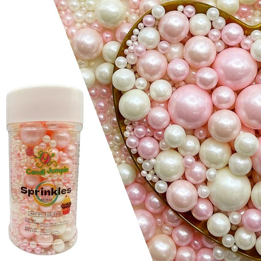 CandiJumpin Edible Pearls for Cake Decorating, Pink and White Pearl Sprinkles Baby Pink Sugar Pearls Edible Cake Decorations White Pearl Sugar Sprinkles Cupcake Toppers Valentines Baby Shower Party Birthday Wedding Christmas Supplies 3 OZ