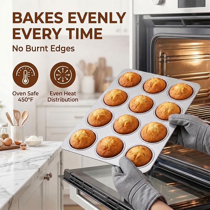 LIANYU 12 Cups Muffin Pan for Baking, 2 Pack Stainless Steel Muffin Cupcake Tin, Regular Size Muffin Cupcake Tray Pan for Oven, Metal Cupcake Mold for Mini Muffin Cake, Non-toxic, Dishwasher Safe