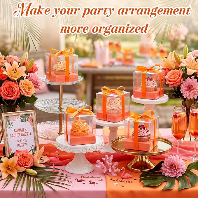 Thenshop 50 Pcs Clear Cupcake Boxes Individual 3.5 Inch Plastic Single Cupcake Containers Boxes with Inserts and Ribbon Individual Cake Storage Holders for Cake Kitchen(Orange)
