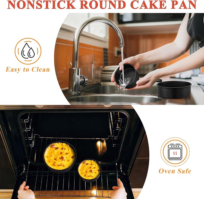E-far Nonstick Cake Pan Set of 3, 5/7/9 Inch Stainless Steel Baking Pans Tins, Round Bakeware for Layer Cakes, Stainless Steel Core & Non-Toxic Coating, Straight Side & 2 Inch Deep