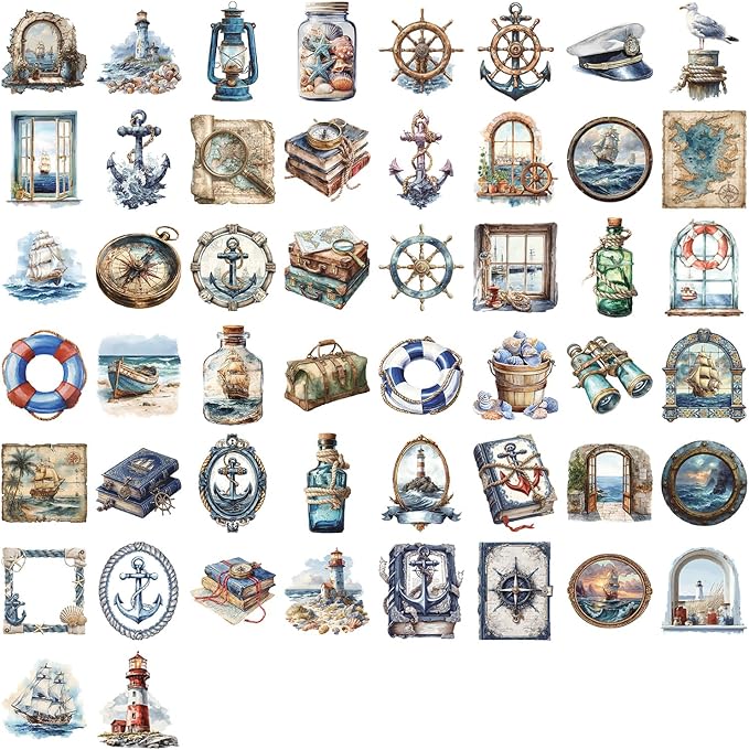 50PCS Cool Sailing Stickers for Kids Teens, PET Transparent Waterproof Navigation Stickers Pack for Water Bottles,Laptop,Scrapbook, Bakery Themed Party Decorations
