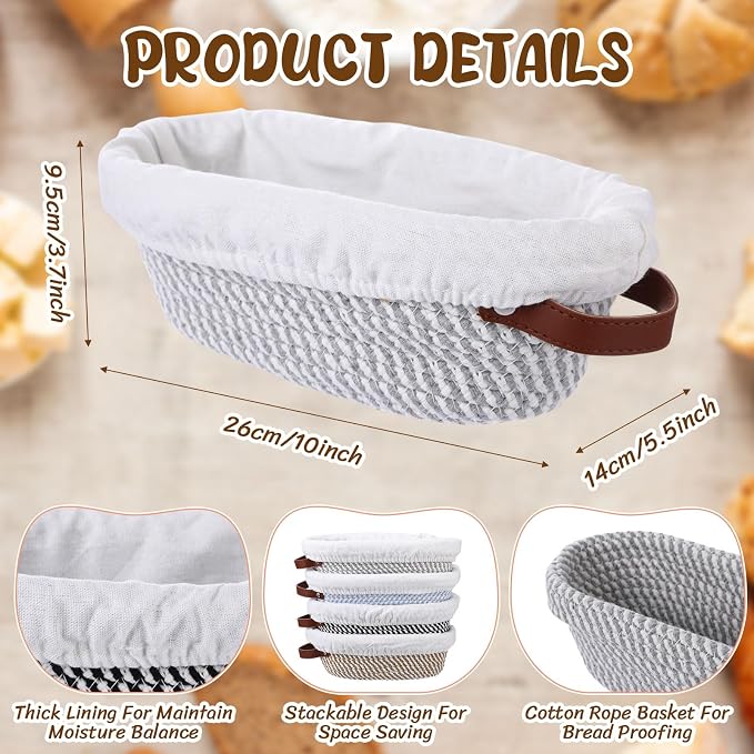 4 Pack Oval Banneton Bread Proofing Basket Set, 10'' Natural Cotton Rope Sourdough Proofing Basket with Liners & Handle Artisan Sourdough Bread Baking Supplies for Home Bakers(Neutral)