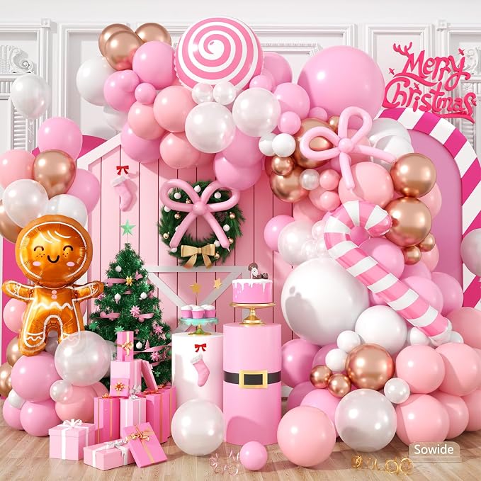 Pink Christmas Balloon Arch Kit, Pearl White Pink Rose Gold Balloons with Lollipop Candy Crutch Gingerbread Man Foil Balloons for Xmas Holiday Winter Birthday New Year Party Decorations