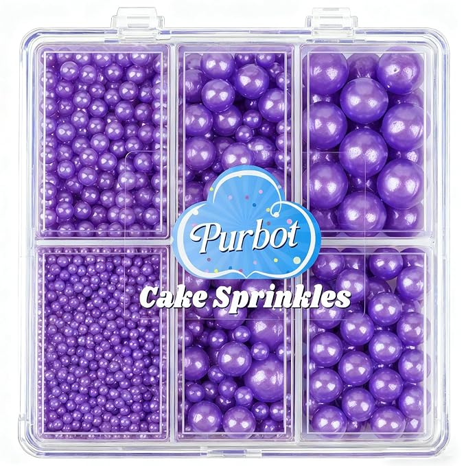Purple Pearl Sprinkles for Cake Decorating, 4 Sizes Sugar 130g/4.6oz, Cupcake, Ice Cream, Donuts, Macaron Toppings Supplies (2mm, 4mm, 7mm, 1cm)