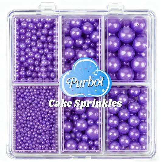 Purple Pearl Sprinkles for Cake Decorating, 4 Sizes Sugar 130g/4.6oz, Cupcake, Ice Cream, Donuts, Macaron Toppings Supplies (2mm, 4mm, 7mm, 1cm)