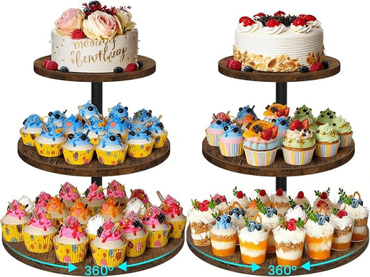 ELITEROO 3 Tier Cupcake Stand for 50 Cupcakes, Rotating Wooden Cake Stand, Rustic Dessert Display Tower with Tiered Trays, Round Cupcake Holder for Wedding Birthday Baby Shower Tea Party, 2 Pack