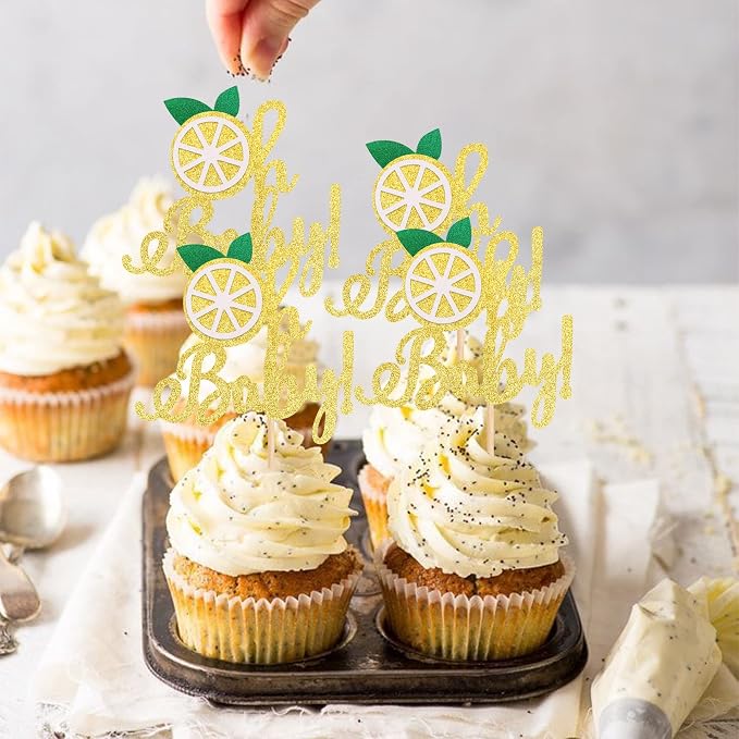 24 PCS Lemon Oh Baby Cupcake Toppers Glitter Fruit Theme Oh Baby Lemonade Party Cupcake Picks for Lemon Theme Baby Shower Kids Boys Girls Birthday Party Cake Decorations Supplies Gold