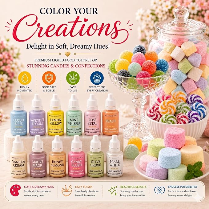 Confect Pastel Elegance Water Color Food Coloring Set – Highly Pigmented Oil Based Food Colors for Cakes, Buttercream, Drinks, Popsicles & Baking – 12 Pack × 10mL
