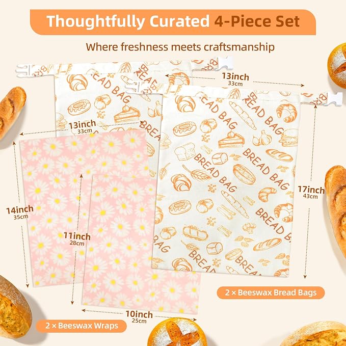 2 Pack Beeswax Bread Bags for Sourdough, XL Reusable Organic Beeswax Linen Cotton Sourdough Bag– Freezer-Friendly & Freshness Preservation, Natural Living Essential, Includes 2 Beeswax Wraps