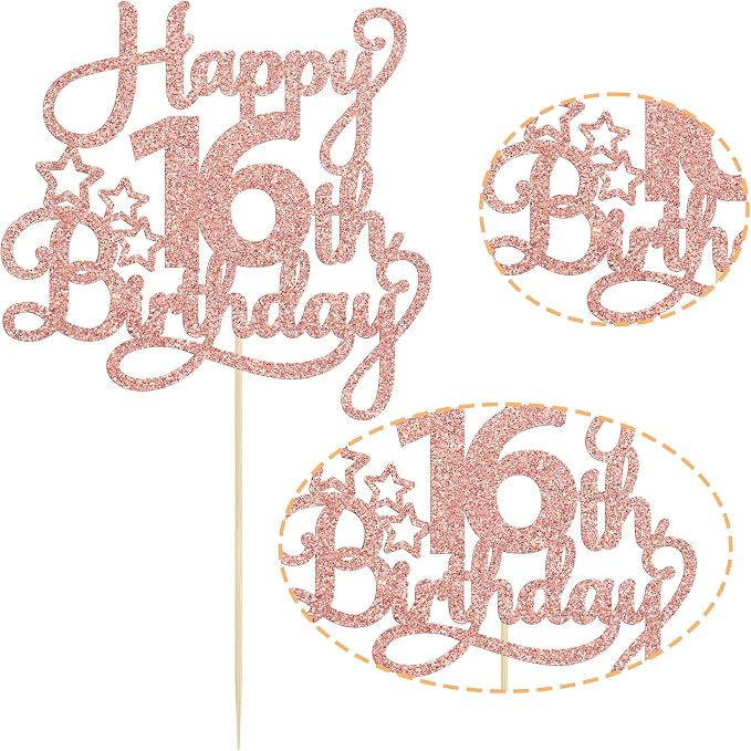1 Pack Happy 16th Birthday Cake Topper Glitter Sweet 16 Cake Pick Birthday 16th Birthday Cake Decorations for Children 16th Theme Party Supplies Rose Gold