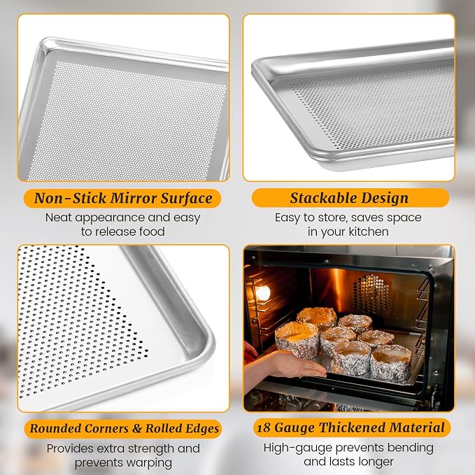12 Pack Full Size Perforated Aluminum Baking Sheet, 26 x 18 in | NSF, Aluminum Commercial Cookie Sheets, Non-Stick, Oven Safe Up to 500℉