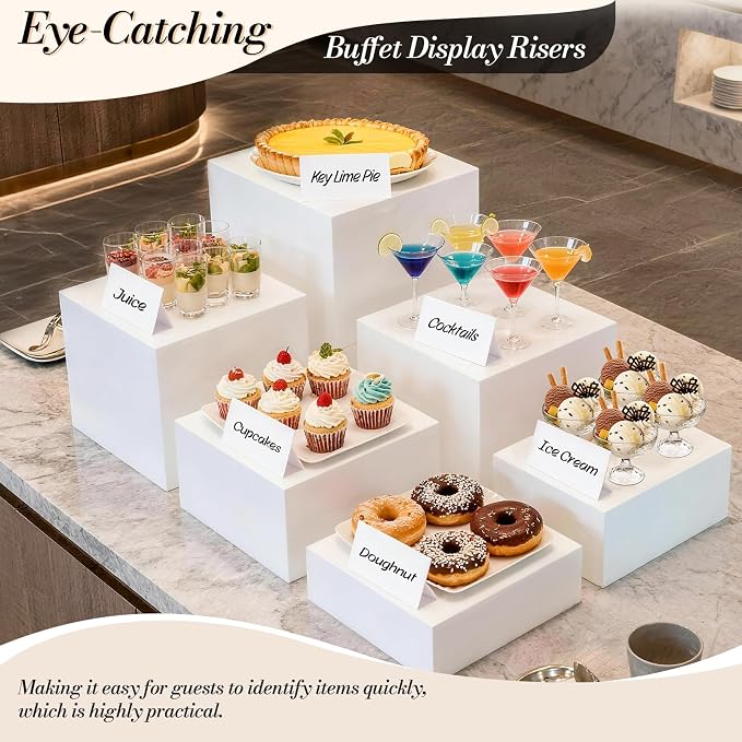 6 Pcs Buffet Risers with Mini Sign and Maker, Food Risers Display Stands for Buffet Table Party Catering Dessert Jewelry Collectibles, Nesting Cube Boxes with Hollow Bottoms (8",7",6",5",4",3")