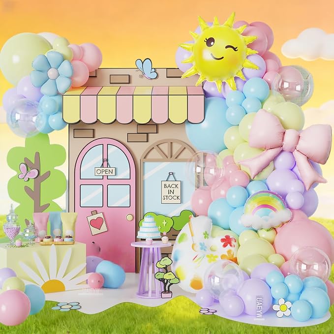 Macaron Pastel Rainbow Balloon Arch Kit,136Pcs Blue Dog Balloon Decor with Rainbow Sun Foil Balloons for Gender Neutral Baby Shower Birthday Kindergarten Classroom Fairy Tale Party Decor