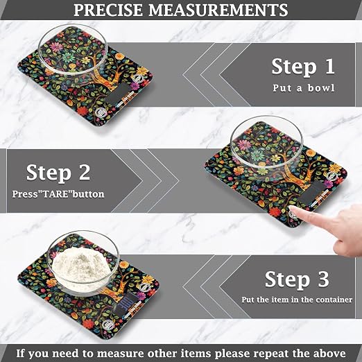 Food Scale Kitchen Scale for Baking Cooking Digital Food Weighing Measuring Scale Small Waterproof Electric Food Scale Tree of Life Floral Leaves Black