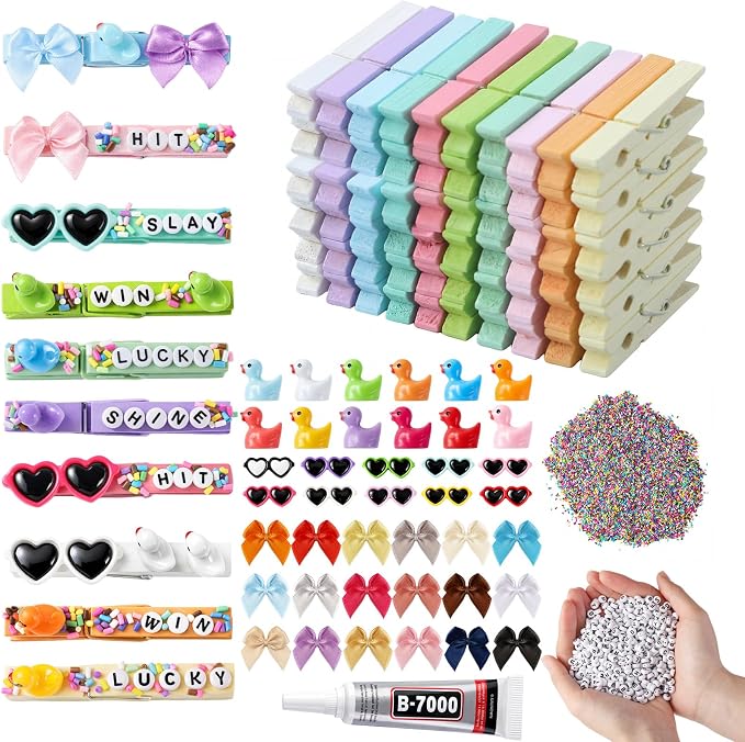 Geelin Cheer Pins Kit with 80 Pcs Spirit Clips, 800 Letter Beads, 30 Ducks, 30 Bows, 20 Sunglasses, Glue, Decoration for Cheerleaders, Volleyball Team Gifts Bulk Stuff DIY Charms(Macaron Colors,Cute)