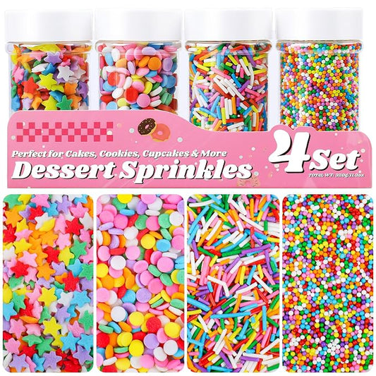 Rainbow Sprinkles Edible Dot Sprinkles, 11.3oz/320g Ice Cream Sprinkles with Nonpareils Star Confetti Jimmies, 4 Jars Colorful Set for Cakes Cupcakes Cookies
