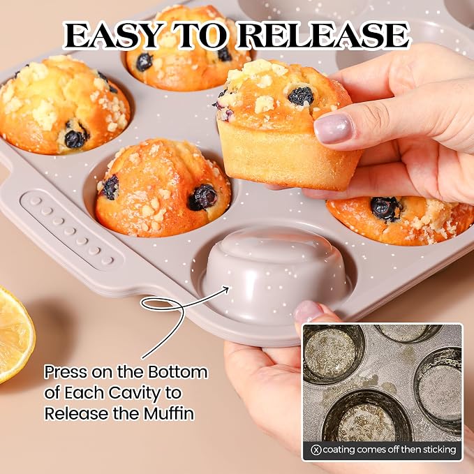 1 Pc Silicone Muffin Pans for Baking with Metal Reinforced Frame, Nonstick Cupcake Tray for Oven, 12 Cups Regular Size Silicone Molds for Egg Bites, Dishwasher Safe (Brown)