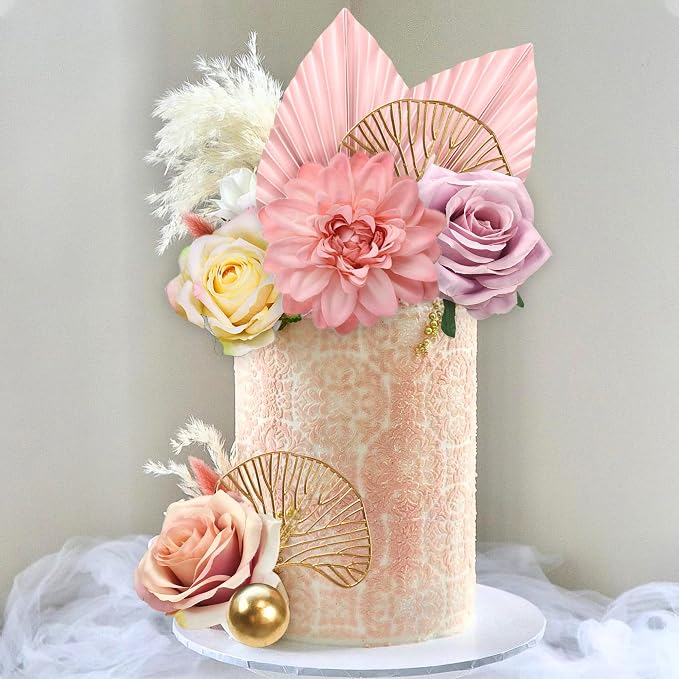 Boho Cake Topper Flower Cake Topper Pink Palm Leaves Cake Decorations with Artificial Rose Ginkgo Leaves and Balls for Wedding Birthday Boho Flower Themed Supplies (Pink)
