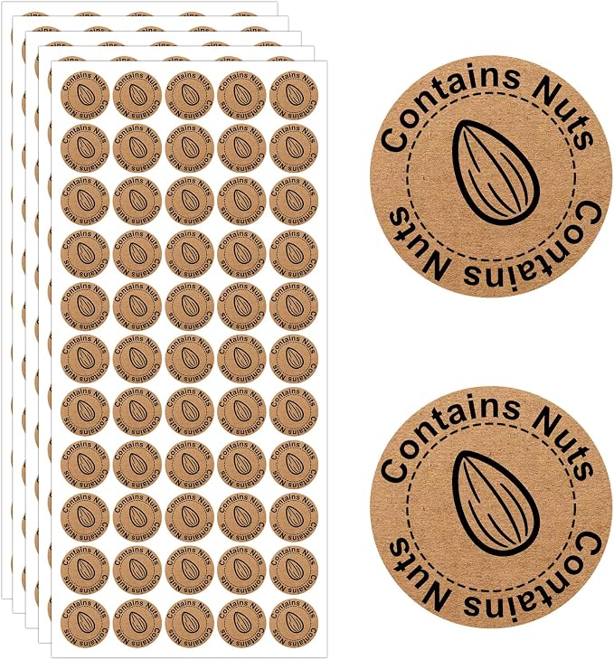 500 Pcs Contains Nuts Stickers 1 Inch Tree Nut Allergen Warning Kraft Labels Food Allergy Stickers for Bakery Restaurant Home Kitchen Food Packaging Cake Shop Cookie Bakery Businesses Kitchen