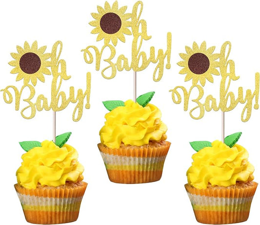 24 Pack Gold Glitter Sunflower Baby Shower Cupcake Toppers