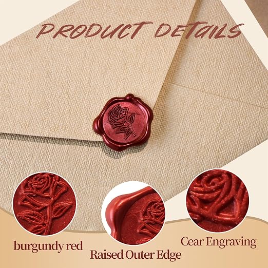 50pcs Red Rose Wax Seal Stickers, Rose Wax Seal, Red Rose Stickers for Envelopes, Waterproof, for Wedding Invitation, Christmas