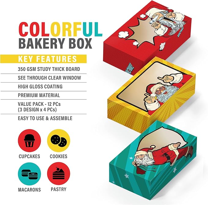 easykart labels 12 PCs Christmas Bakery Cookie Gift Box (8.75" x 5.75" x 2.75") in 3 Designs, Colorful Patterns with Window for Pastries, Cupcakes, Cookies, Brownies, Donuts, and Gift-Giving
