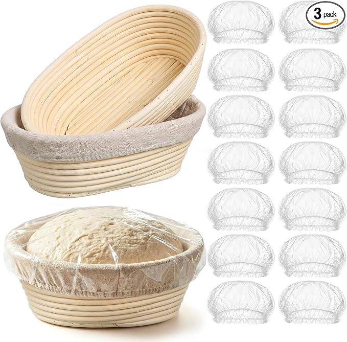 LemonRoad 2 Pcs Bread Proofing Baskets with Shower Caps Set 10 Inch Oval Banneton Basket Sourdough Proofing Basket with Cloth Liners &1000 Pcs Shower Caps for Sourdough Bread Making Fermentation