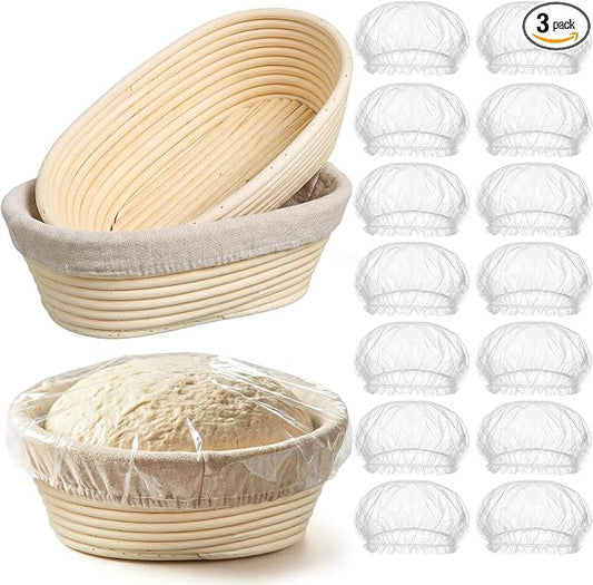 LemonRoad 2 Pcs Bread Proofing Baskets with Shower Caps Set 10 Inch Oval Banneton Basket Sourdough Proofing Basket with Cloth Liners &1000 Pcs Shower Caps for Sourdough Bread Making Fermentation