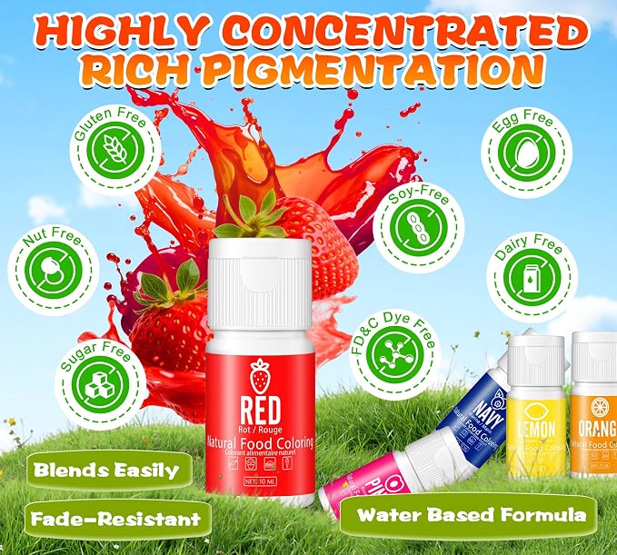 Natural Food Coloring - 10ml x 10 Vibrant Liquid Food Dye for Baking and DIY, FD&C & Artificial Dye-free, Organic, Gluten-free, Vegan, Halal, 100% Plant Based Food Coloring for Frosting, Cake Decor