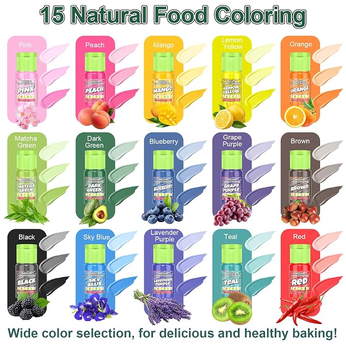 Natural Food Coloring - 15 Vibrant Colors Food Coloring Set, Food-Grade, Non-GMO, FD&C & Artificial Dye Free Natural Liquid Food Dye Set for Baking, Cake Decorating, Frosting, Icing, Fondant, Cookies, DIY Slime - 10ml (0.35fl oz)/Bottles